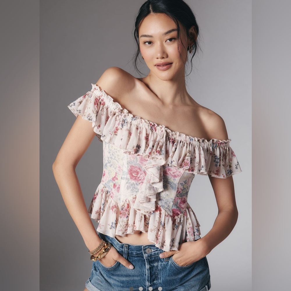 By Anthropologie Off-The-Shoulder Mesh Top in Pink NEW